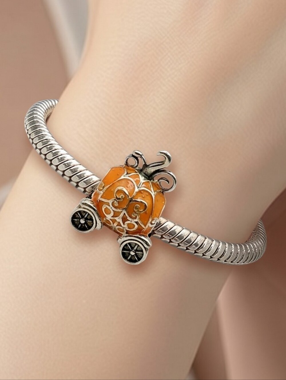 Cinderella Pumpkin Coach Charm 925 Sterling Silver Enamel Princess Bracelet Bead